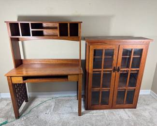 MissionStyle Oak Computer Desk with Hutch Matching Glass Door Bookcase Cabinet