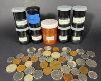 Foreign Coin Collection with CountryLabeled Canisters, Canada, Mexico, France More
