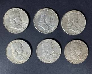 1963 Franklin Half Dollar Silver Coin Collection 6 Coins, 74.94g Total Weight