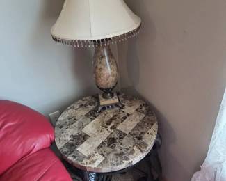 Matching Pair of Faux Marble Top Accent Tables with Pair of Decorative Lamps