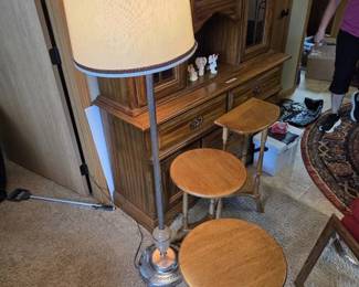 Vintage Floor Lamp with Three Solid Wood End Tables or Plant Stands