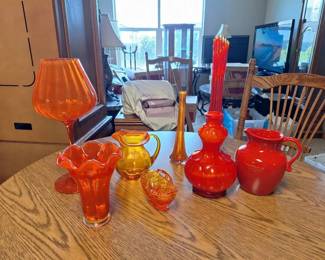 Assorted Orange, Amber Red Art Glass Collection