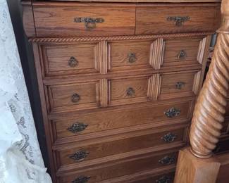 Traditional Oak Highboy Chest with Multiple Drawers Matches rest of bedroom set