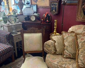 Victorian chair, beautiful fabric excellent condition. Ethan Allen Paisley, overstuffed curve sofa with matching accent pillows, New Haven USA regulator clock, Seth Thomas mental clock, brass floor stand candle holder, federal mahogany cabinet Aladdin hanging lamp