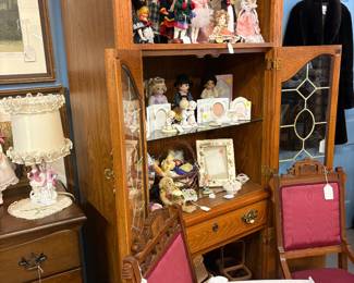 Roy Hill hutch with light and drawer. Leaded glass doors