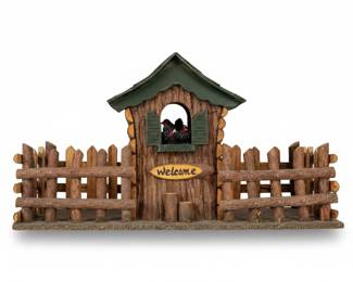 Rustic Log Cabin Birdhouse with Welcome Sign and Fence