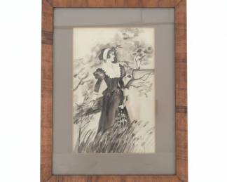 E. E. Ken Bayy Lady in a Garden Charcoal Drawing