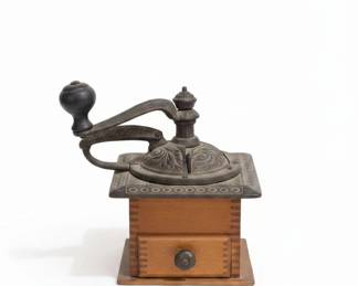 Antique Cast Iron Coffee Grinder with Dovetail Wood Box