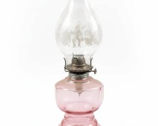 Victorian Style Etched Glass Oil Lamp with Figural Motif and PinkishRed Base