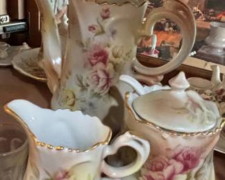 Vintage Lefton Porcelain Tea Set with Heritage Green Rose Motif