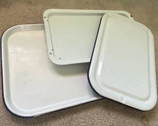 Set of White Enamel Trays with Blue Rim