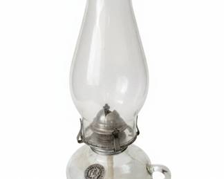 Clear Glass Oil Lamp with White Flame Emblem and Metal Burner