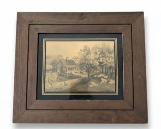 Framed Currier  Ives American Homestead Spring Gold Foil Art Print