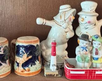Assorted Ceramic Figurines and Salt  Pepper Shakers, including Snowman themed items