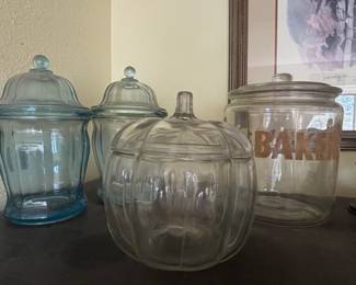 Vintage Glass Apothecary Jars  Pumpkin, Blue, and BAKER Stenciled