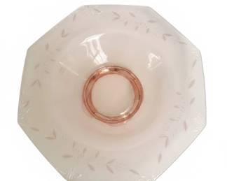 Pink Depression Glass Octagonal Bowl with Leaf Etching