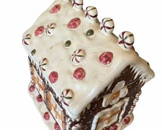 Ceramic Gingerbread House Cookie Jar with Peppermint and Gumdrop Decorations