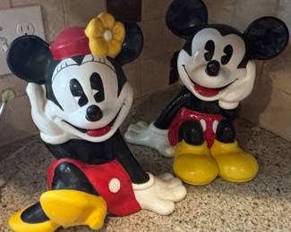 Vintage Ceramic Mickey Mouse and Minnie Mouse Figurines and Bear Cookie Jar