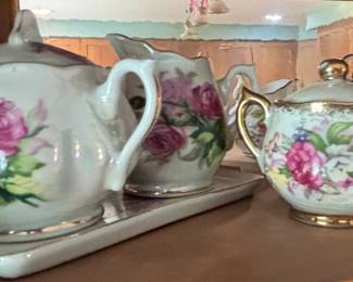 Vintage Porcelain Rose Tea Set with HandPainted Glass Creamer and Sugar Sets