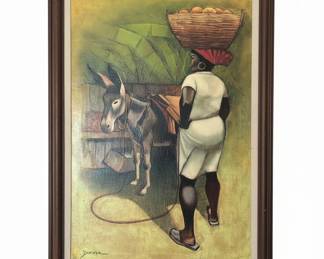 Woman with Donkey and Basket of Fruit Painting by Emmanuel Saincilus