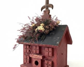 Rustic Red Log Cabin Birdhouse with Dried Floral Arrangement