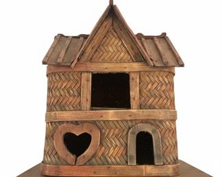 Woven Bamboo and Wood Decorative Birdhouse with Heart Cutout
