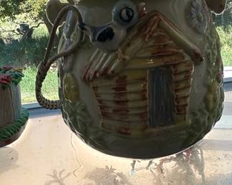 Vintage Cottage Ware Ceramic Planter with Log Cabin and Bird Motif