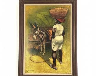 Zane Donkey and Woman with Basket Haitian Oil Painting