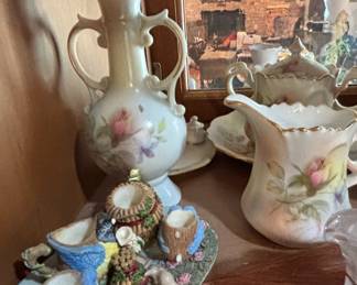 VictorianStyle Porcelain and Glass Decorative Set with Lefton and CapodimonteStyle Pieces