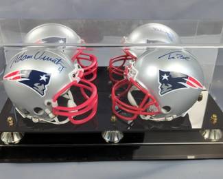 Tom Brady And Unidentified Autographed Mini Helmet And Adam Vinatieri HoF Autographed Mini Helmet In Mirror Backed Display Case, 7.5" x 17.25" x 6.75", With A Pro Celebrity CoA