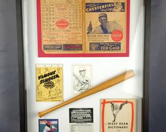 Baseball Shadow Box, Includes Autographed St. Louis Cardinals Score Card And Game Program, 1945 Louisville Slugger Yearbook, The Dizzy Dean Dictionary And More, Approx 33” x 22”