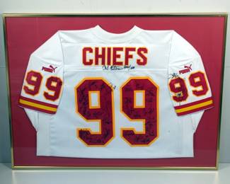 Kansas City Chiefs Autographed Framed Puma Jersey, Signed By Multiple Chiefs Players And GM Carl Peterson