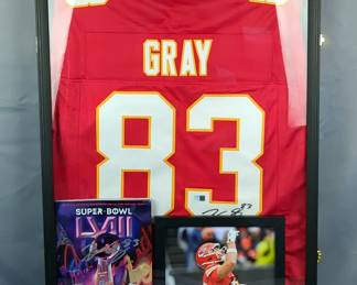 Noah Gray # 83 Autographed Kansas City Chiefs Jersey, Photograph And Super Bowl LVIII Game Program, All In Frame, 32” x 24”