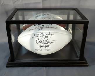 Bill Grigsby, Lamar Hunt, Dick Vermeil Inscribed "Coach Dick Vermeil KCC", And Carl Peterson Inscribed "Pres/GM" Signed And Autographed Football In Display Case