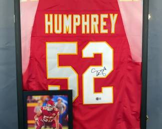Creed Humphrey # 52 Autographed Kansas City Chiefs Jersey, With Beckett Witness Sticker, 32” x 24”, Framed Under Glass