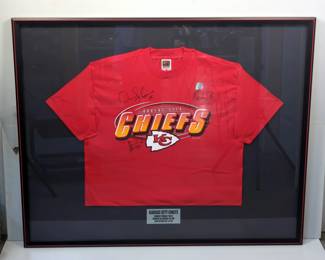 Kansas City Chiefs Autographed T-Shirt, Signatures Include Derrick Thomas (HOF), Derrick Alexander And Martin Bayless, Framed