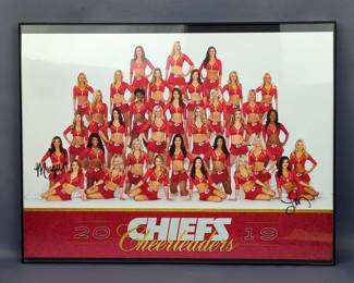 2019 Kansas City Chiefs Cheerleaders Photo Signed By 2 Cheerleaders, Riddell Kansas City Chiefs Mini Helmet In Box, And Chiefs Football With Embroidered Logos