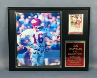 Len Dawson HoF Kansas City Chiefs #16 Autographed And Inscribed "SBIV MVP" Photo, And Legends Trading Card Plaque, 12" x 15"