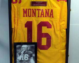 San Francisco 49ers Joe Montana #16 (HOF) Autographed "Throwback" Jersey With Career Achievement Plaque And Vintage Framed Action Photograph, Displayed In Shadow Box, Approx 31.5" x 23.5"