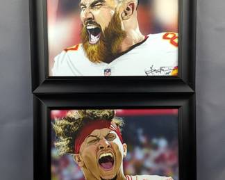 Drew Greiner Digital Paintings Of Patrick Mahomes #15 And Travis Kelce #87 Kansas City Chiefs, Framed Under Glass 10" x 12"