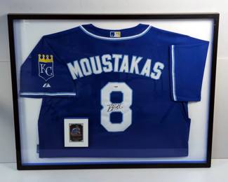 Mike Moustakas Autographed Kansas City Royals Authentic Majestic Jersey With Topps Museum Collection Autographed Trading Card In Shadow Box Frame, Approx 26" x 33" x 1.5"
