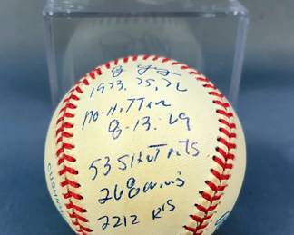 im Palmer (HOF) Autographed Baseball Inscribed "Cy Young 1973, 75, 76 No-Hitter 8-13.69 53 Shutouts 268 Wins 2212 K's", With Letter Of Authentication From East Coast Guards Inc