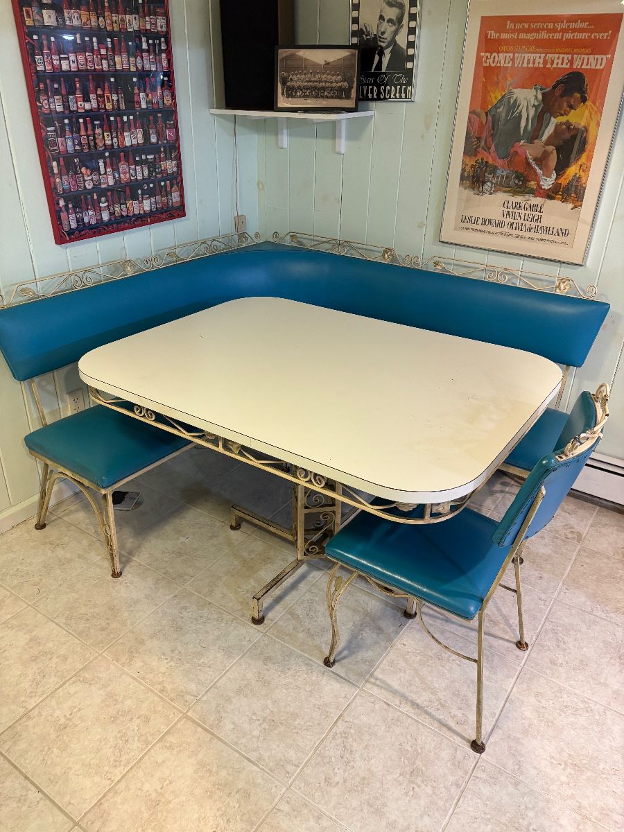 GREAT WROUGHT IRON BENCH TABLE AND CHAIR