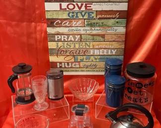 Kitchen Coffee Essentials Lot Pyrex Measuring Cup, Tea Kettle, French Press, Glass Bowl Dish M