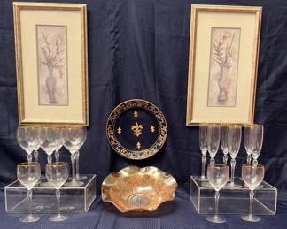 Vintage Elegance Collection Botanical Prints, Lenox Crystals And Depression Glass Decor