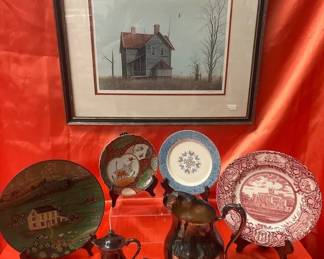 Eclectic Vintage Dcor Collectibles Lot Featuring Framed Print, Wedgwood Georgia Plate, Decorative