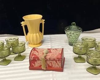 McCoy Vase, Noritake Spotlight Desert Dishes, Brocade Box, And Mid Century Green Candy Dish