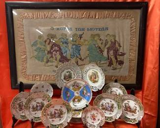 003 Antique Reticulated Porcelain Plates, Bowls Framed Needlework Germany, Bavaria European Decora