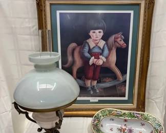 Folk Art Print , Antique Parlor Lamp With Milk Glass Shade And German Porcelain Centerpiece Bowl