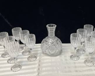 Antique Wine Carafe With 12 Bretagne Wine Goblets
